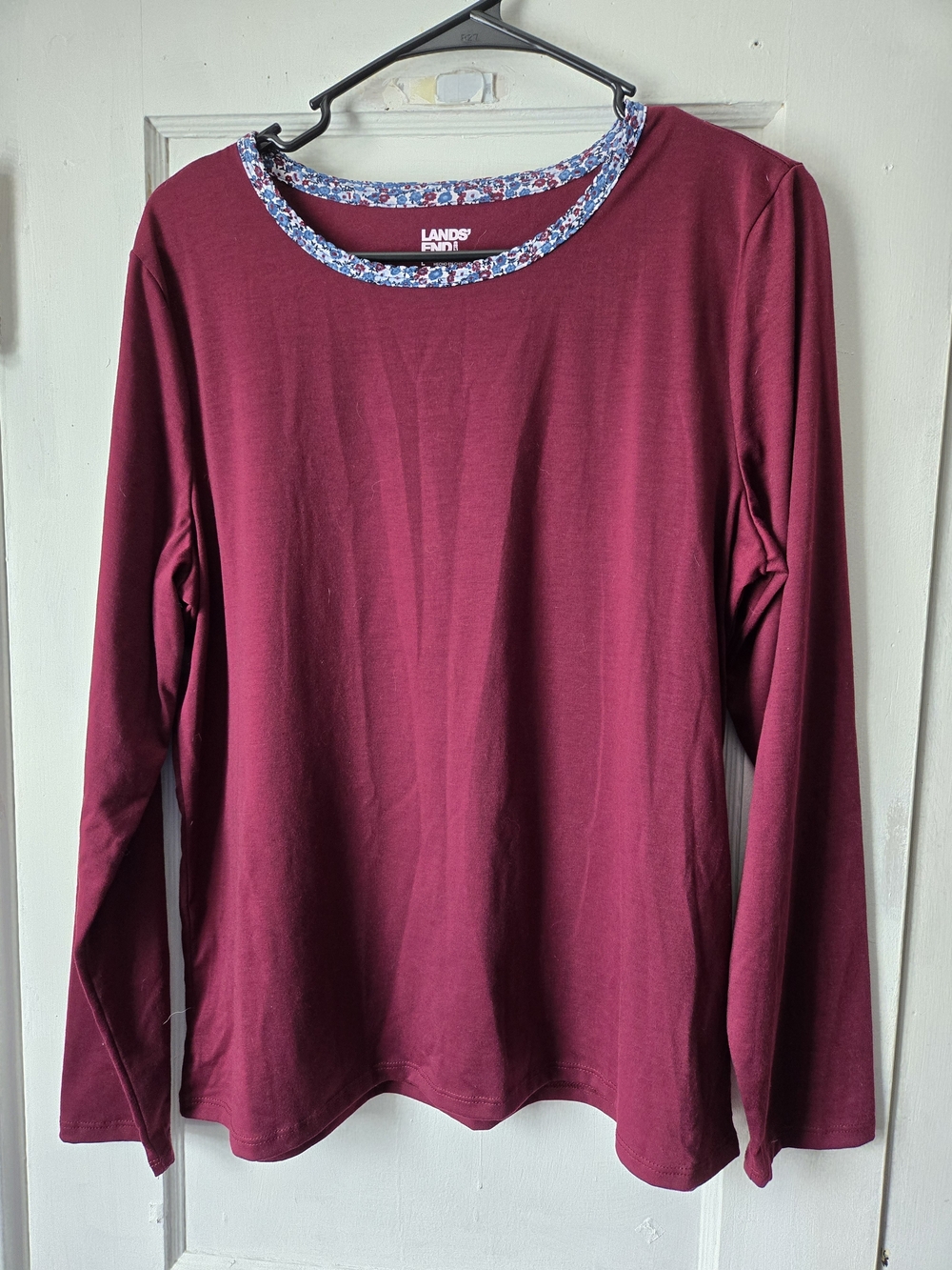 Lands' End Long-Sleeve Crewneck Top with Floral Trim - Wine